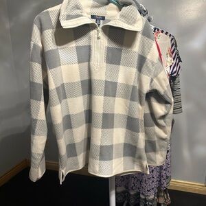 Chaps Cream and Gray Plaid Quarter-Zip Pullover